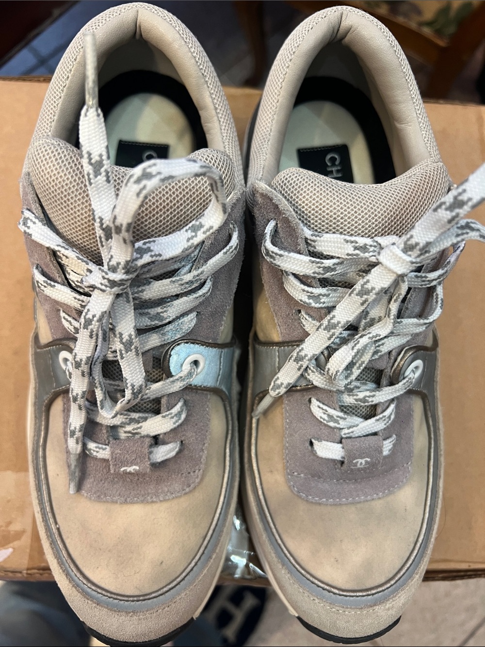 CHANEL Beige and Gray Suede & Leather Sneakers